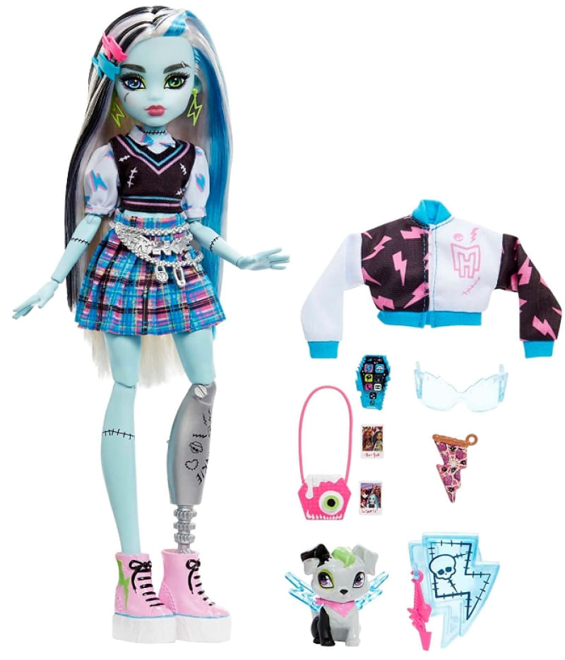 Boneca Monster High Frankie Stein Mechas Azuis Preto Cachorro de Estimação e Acessórios HHK53 Mattel