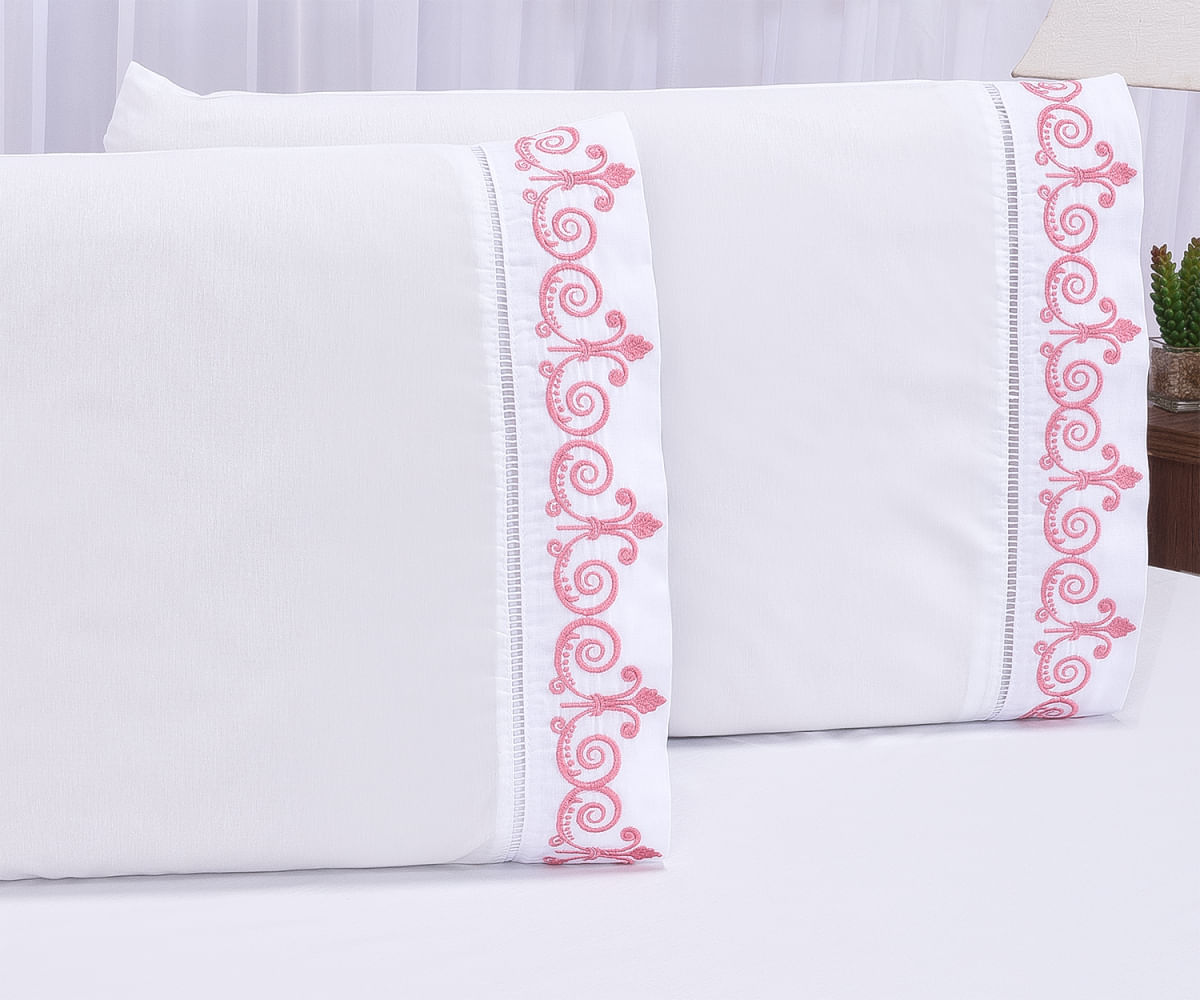 Jogo lençol quarto casal Padrão bordado 3 peças branco rose