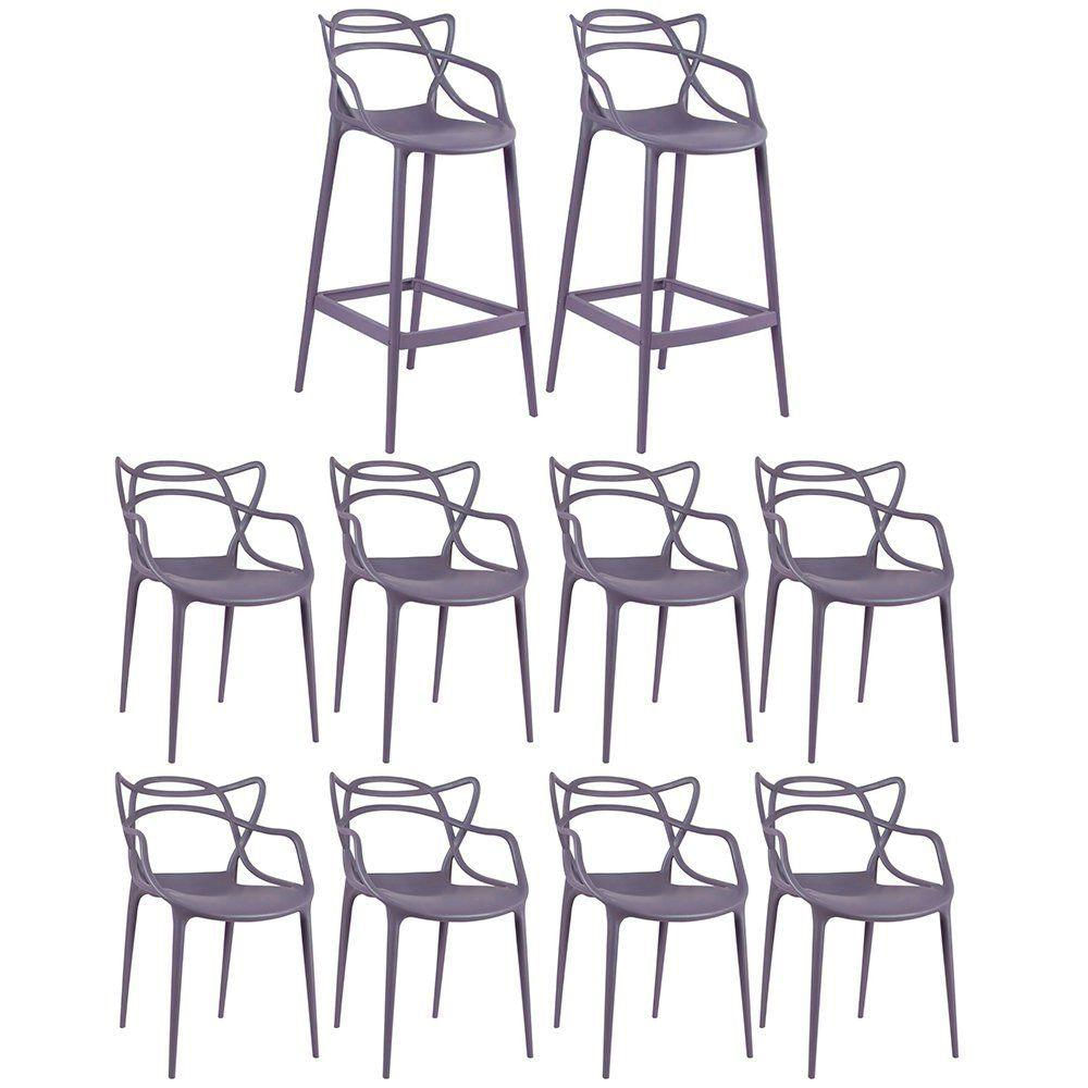 Kit 8 Cadeiras + 2 Banquetas Altas Masters Allegra Cinza Névoa