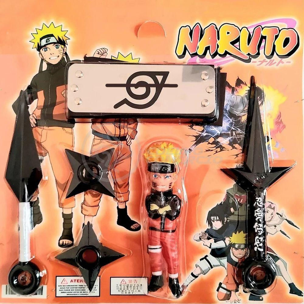 Kit Boneco Naruto 15Cm + 2 Shuriken + 1 Bandana + 2 Kunai