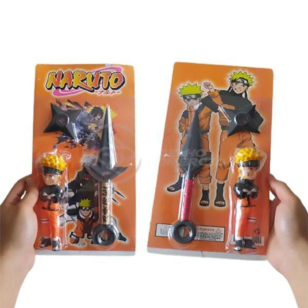 Kit Boneco Action Uzumaki Naruto + Shuriken Ninja + 1 Kunai