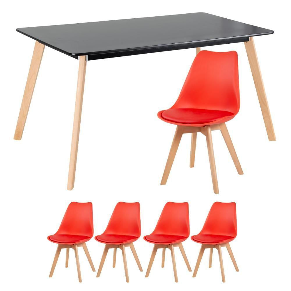 Mesa De Jantar 80 X 140cm Preto + 4 Cadeiras Vermelho