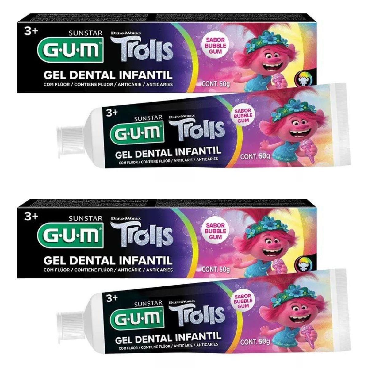 2 Gel Dental Infantil Trolls 50g - Com Fluor - GUM