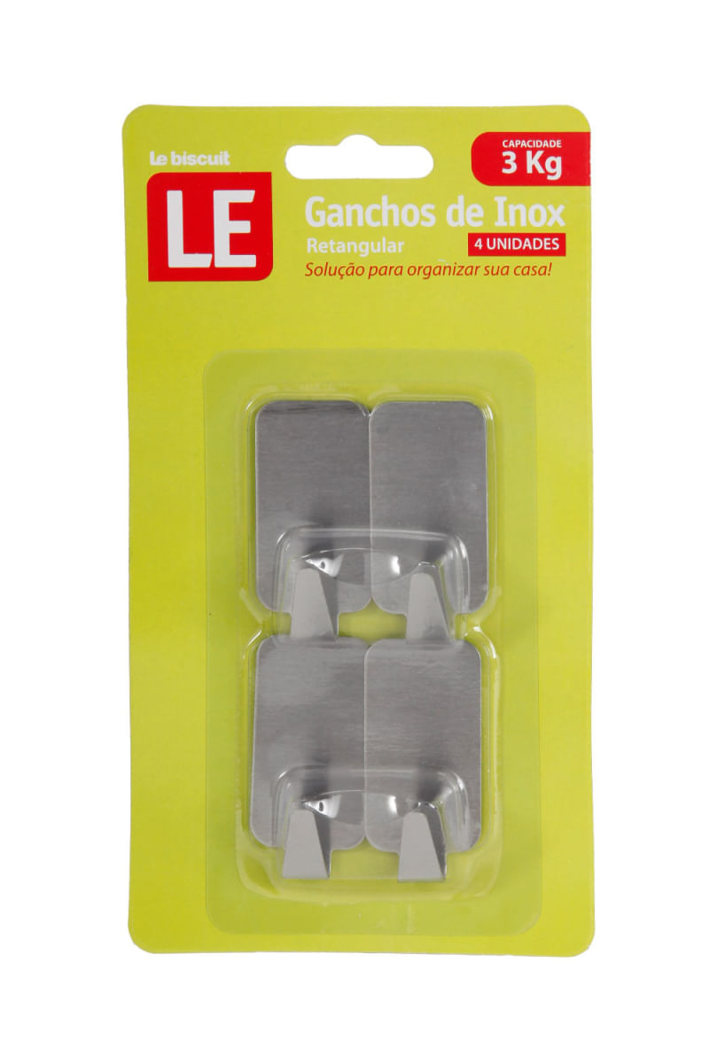 Gancho Le Adesivo Retangular Inox Prata com 4 Peças UNICA
