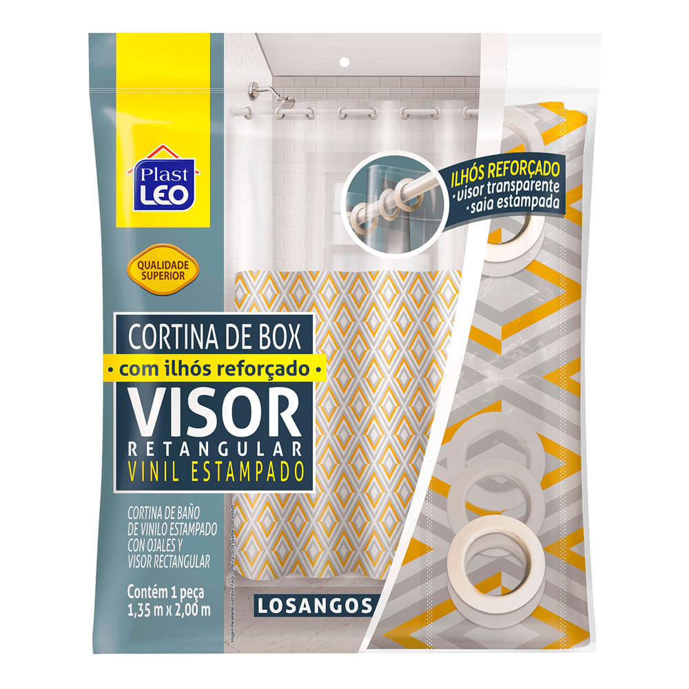Cortina para Box Plast Leo Vinil com Ilhós e Visor Retangular 1,35x2,00m Estampada Losangos UNICA