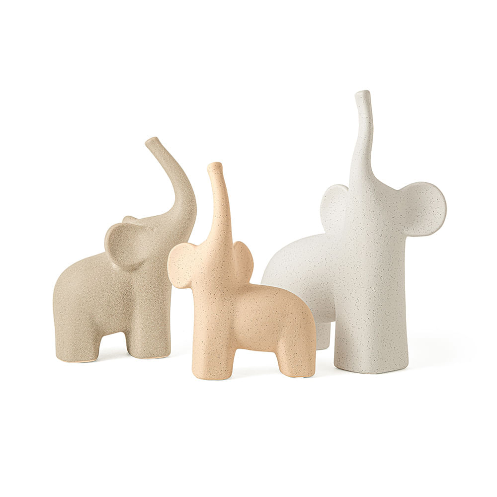 Kit esculturas elefantes  em cerâmica - 3 peças