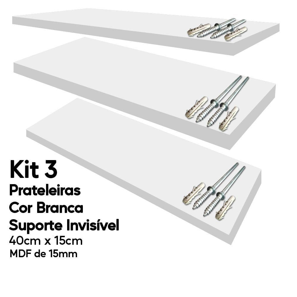 Kit 3 Prateleiras Brancas Mdf 40x15 Suporte Invisível Decora