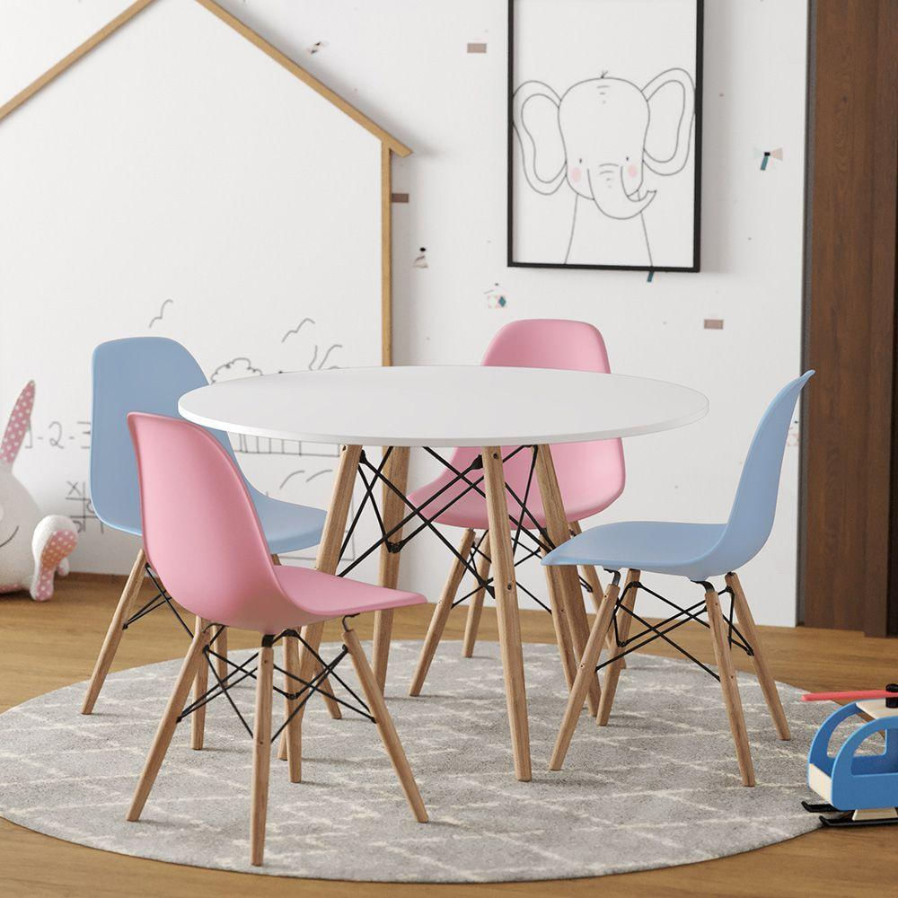 Conjunto De Mesa Madeira Infantil 68Cm Redondo Branco 2 Cadeiras Azul E 2 Rosa