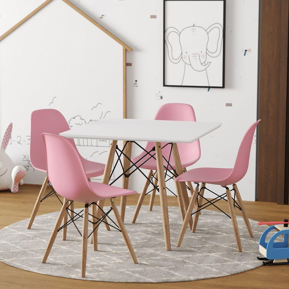 Conjunto De Mesa Madeira Infantil 68Cm Quadrado Branco 4 Cadeiras Rosa