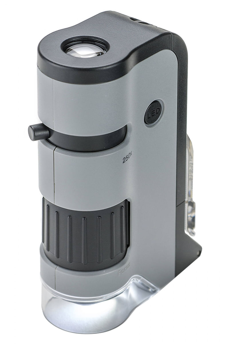 Microscópio de Bolso Carson MicroFlip 100x-250x c/ LED, lanterna UV e clip para Smartphone