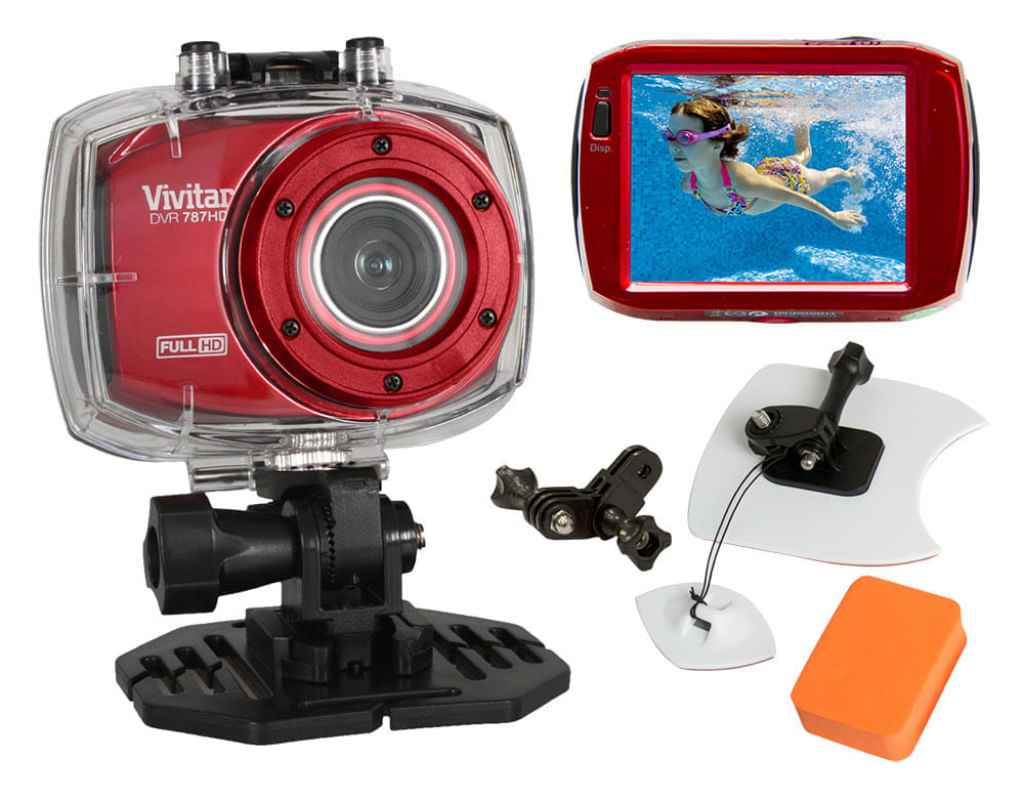 Kit c/ Câmera filmadora de ação Full HD Vermelha + Kit Surf