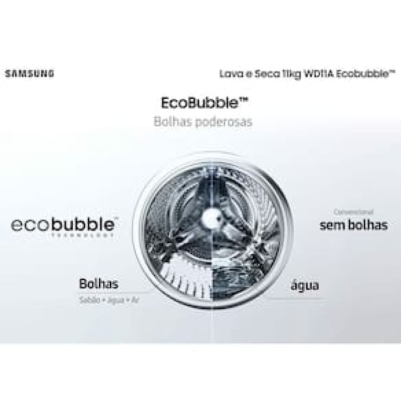 Lava e Seca Samsung WD11A 3 em 1 Branca com Ecobubble e Lavagem a Seco WD11A4453BW – 11 kg Branco / 220