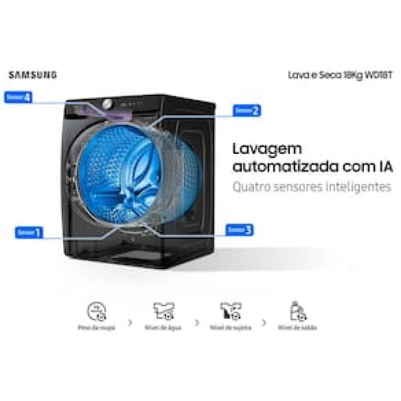 Lava e Seca Samsung WD18T Black Inox Smart (Wi-Fi) com Digital Inverter e Ecobubble WD18T6500GV - 18/10 kg Preto / 110