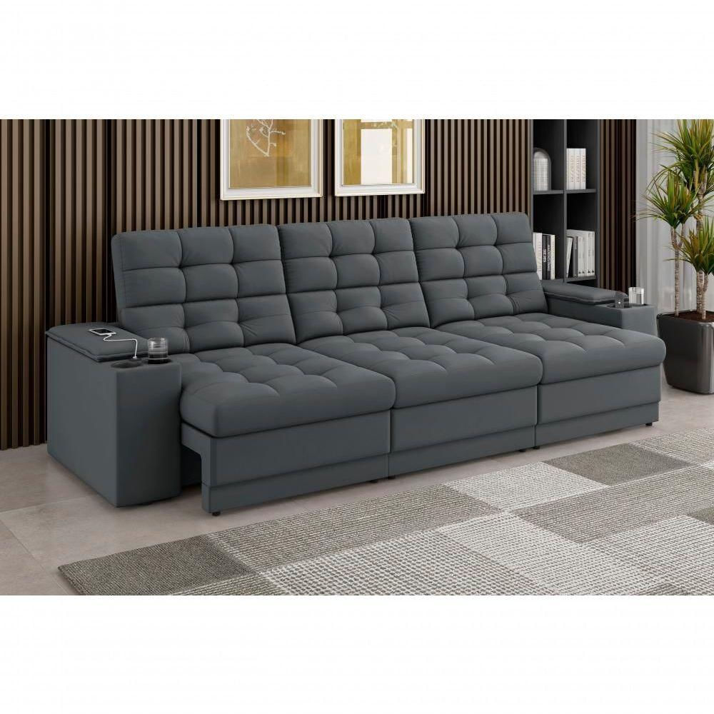 Sofá Confort Premium 2,30m Assento Retrátil/reclinável Porta Copos E Usb Suede Cinza - Xflex Sofas