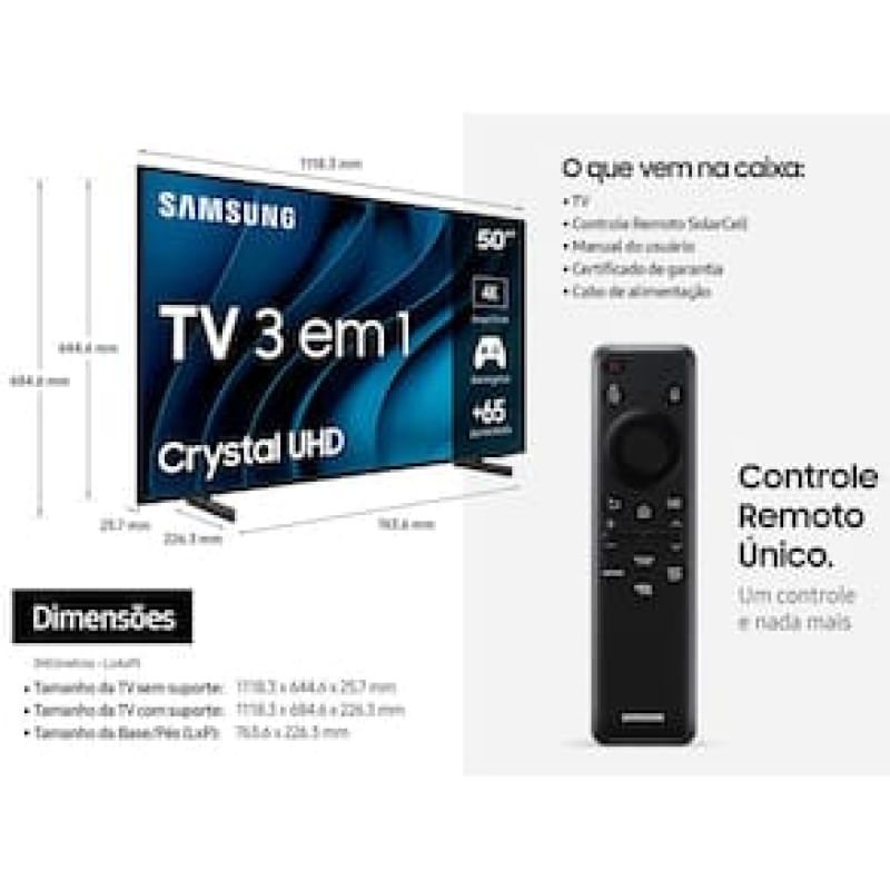 Smart TV 50" Crystal 4K Samsung CU8000, Dynamic Crystal Color, Gaming Hub, Design AirSlim, Tela sem limites, Alexa built in, Controle Remoto Único