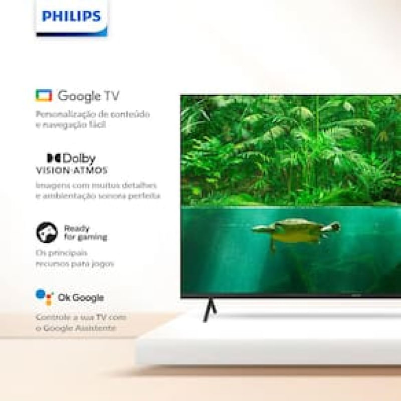 Smart TV 65" UHD 4K Philips 65PUG7408/78, Google TV, HDR10+, Dolby Vision, Dolby Atmos, Bluetooth 5.0 e Chromecast Integrado