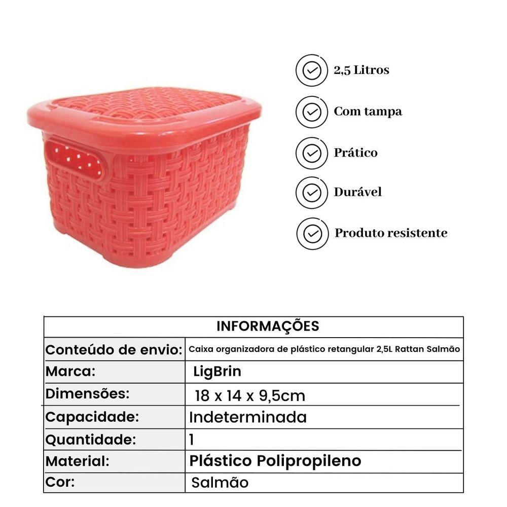 Caixa Organizadora De Plástico Retangular 2,5L Rattan Salmão